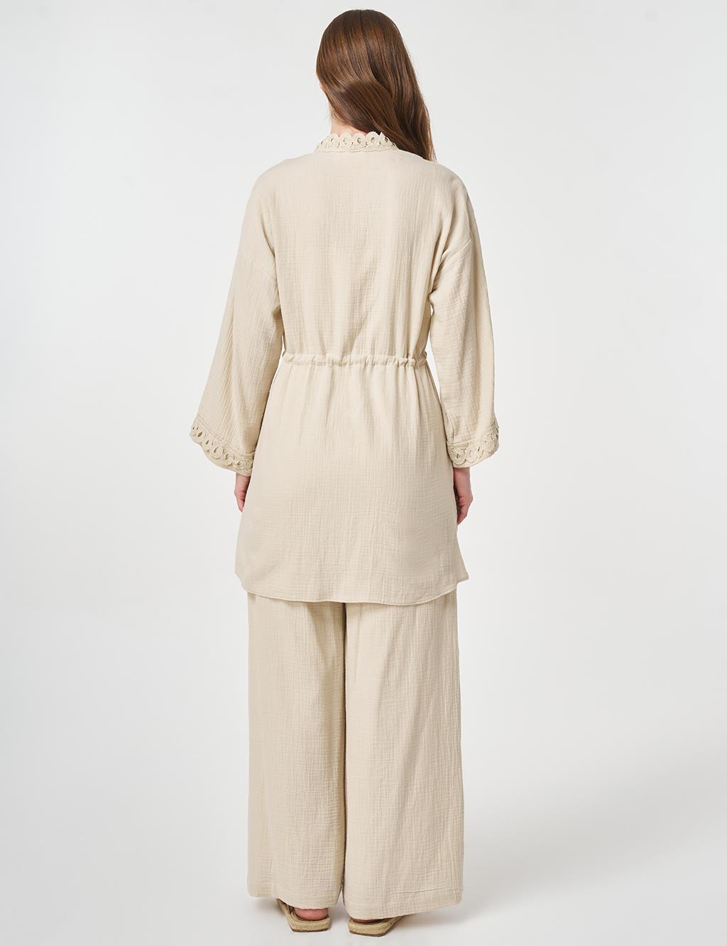 Striped Lace Detail Muslin Two-Piece Set Stone