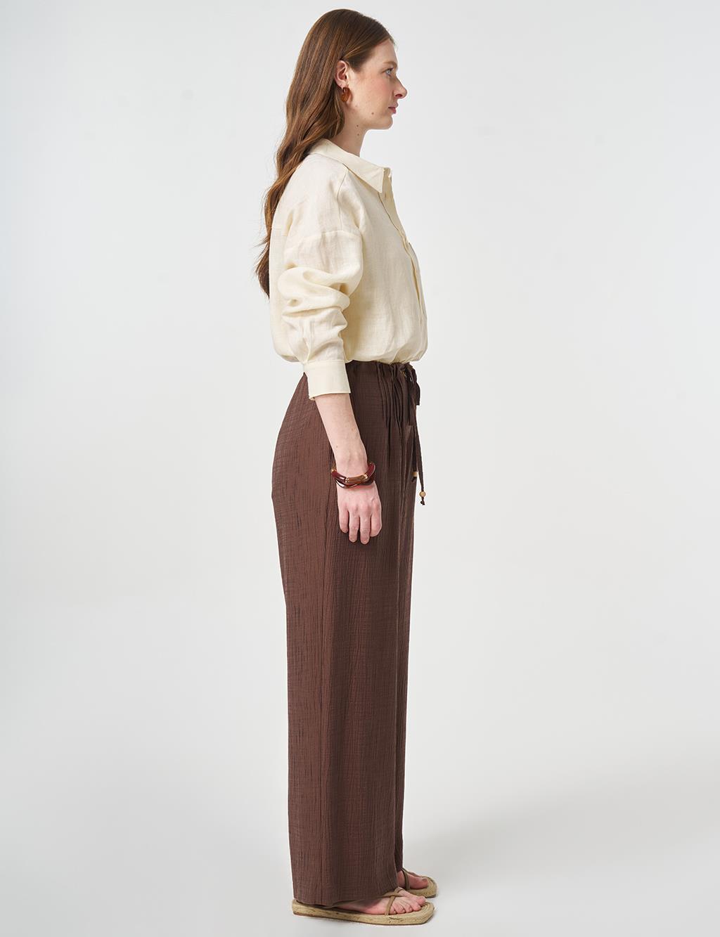Wide Leg Crinkle Trousers Chocolate