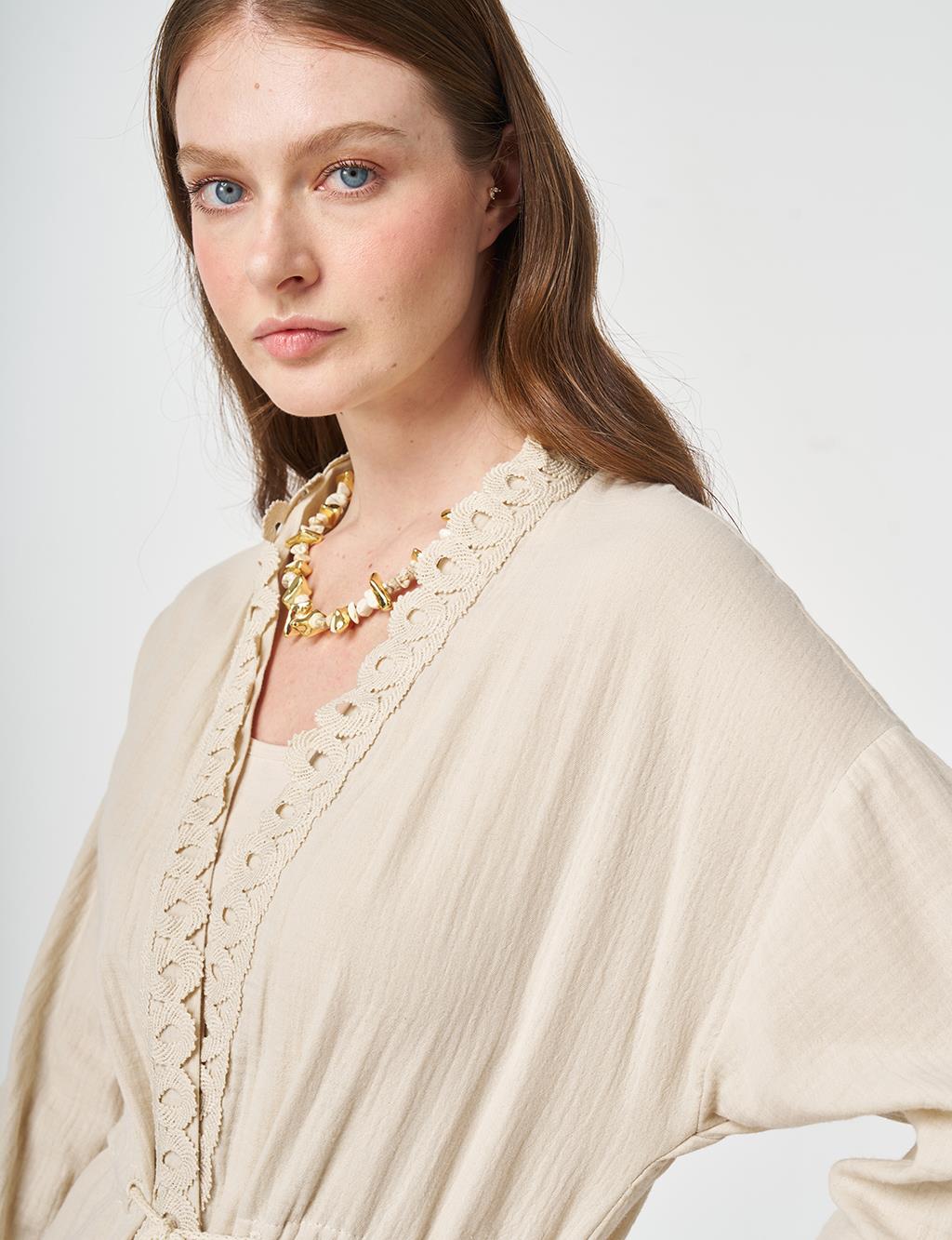 Striped Lace Detail Muslin Two-Piece Set Stone