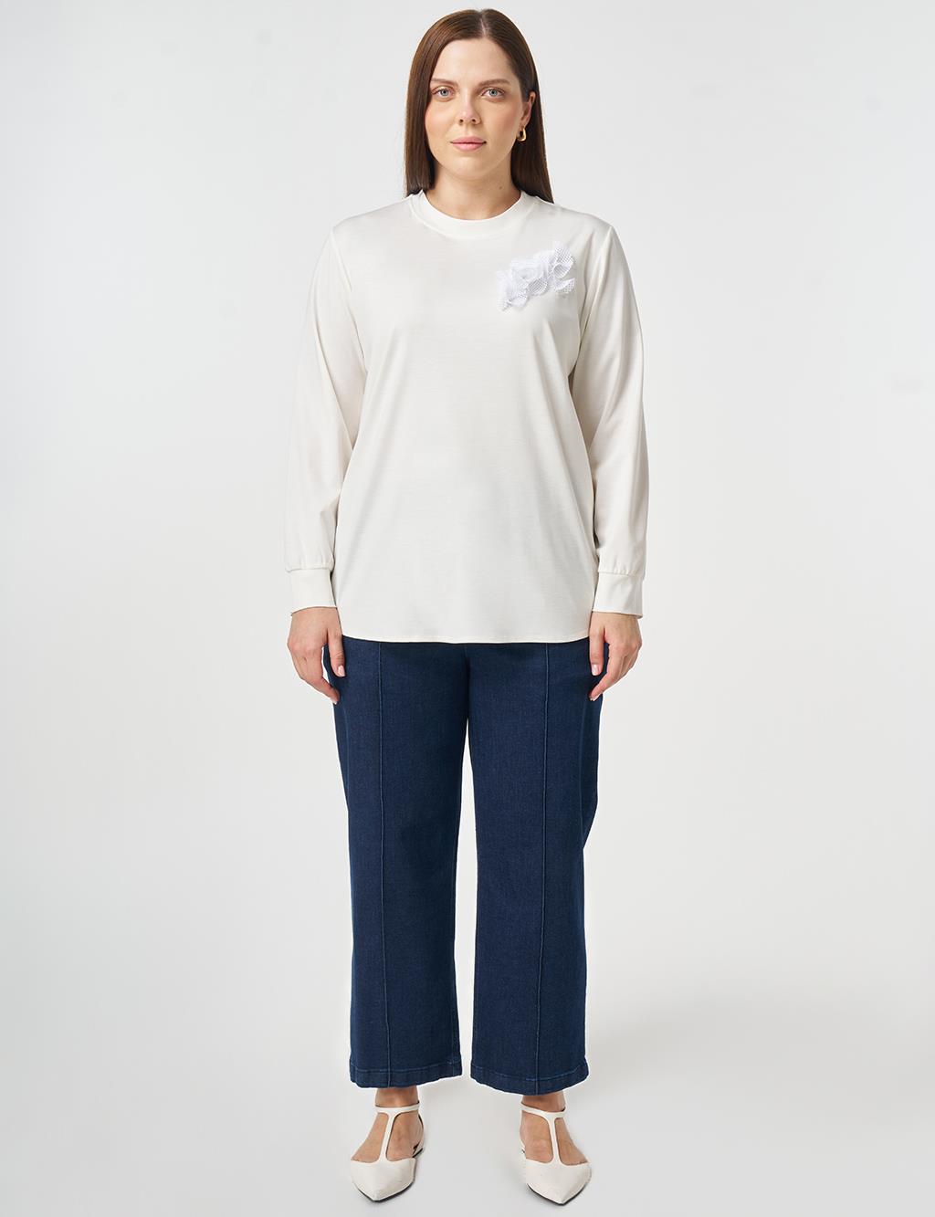 File Garnili Örme Tunik Optik Beyaz