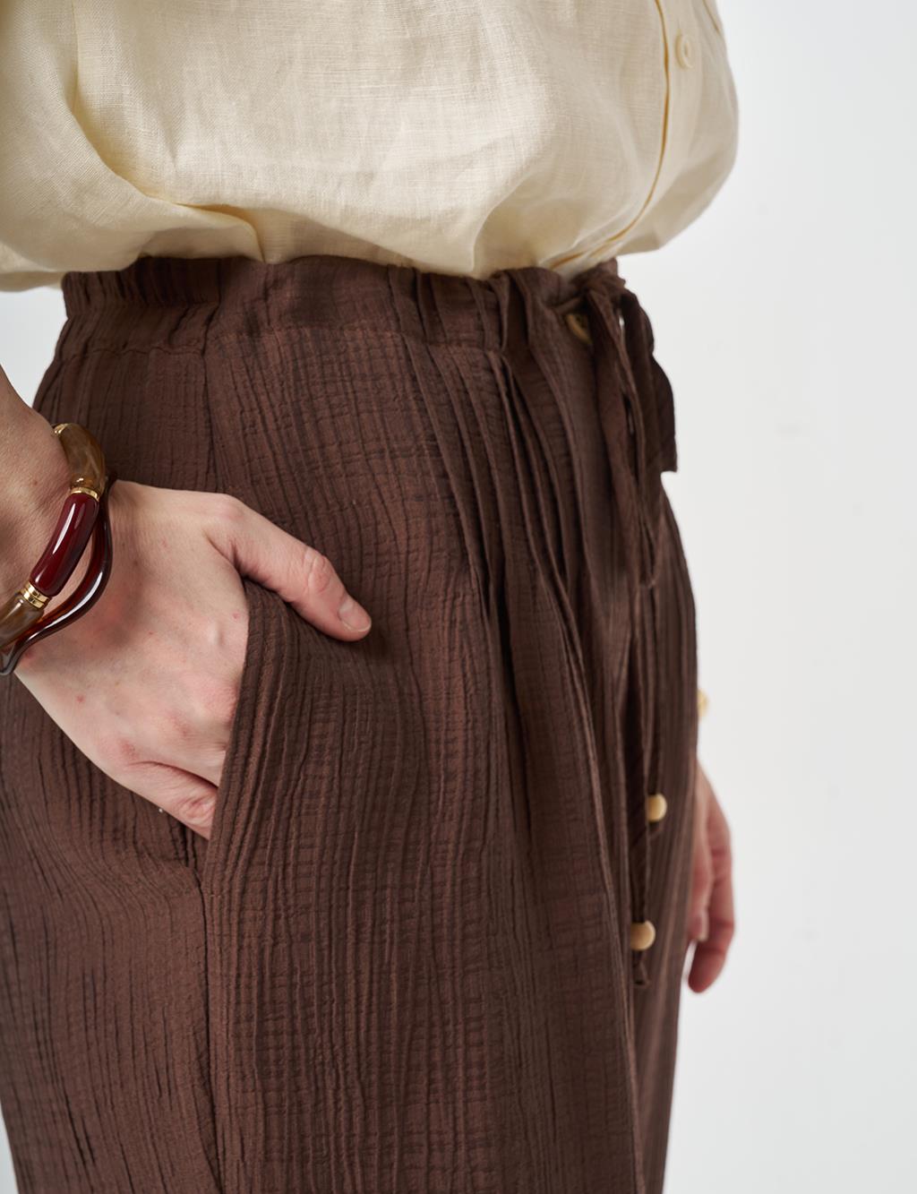 Wide Leg Crinkle Trousers Chocolate