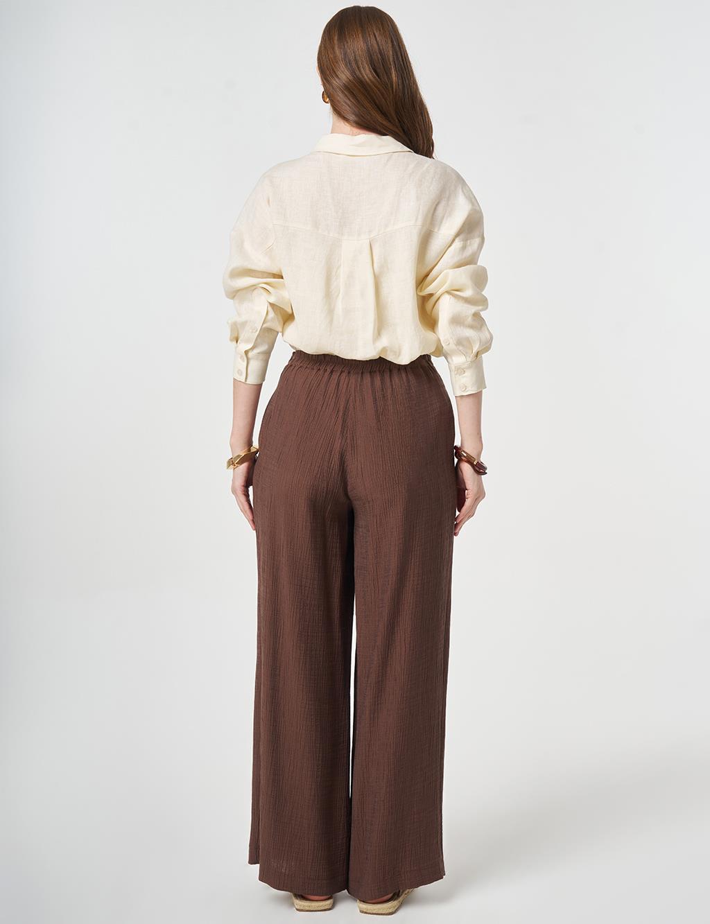 Wide Leg Crinkle Trousers Chocolate