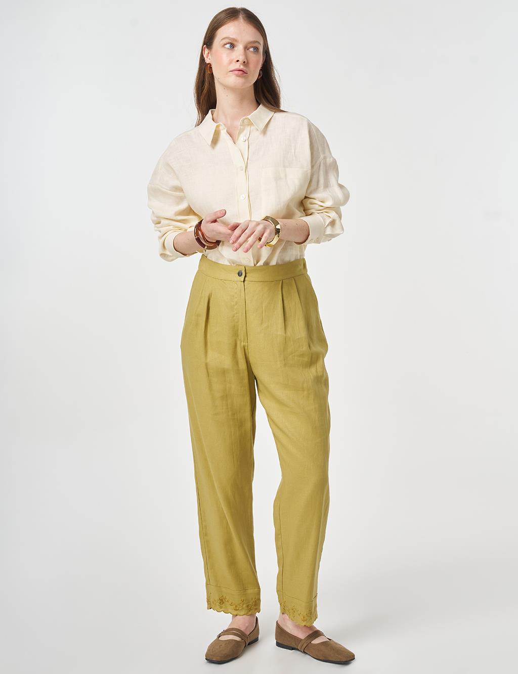 Hem Detail Linen Pants Olive Green