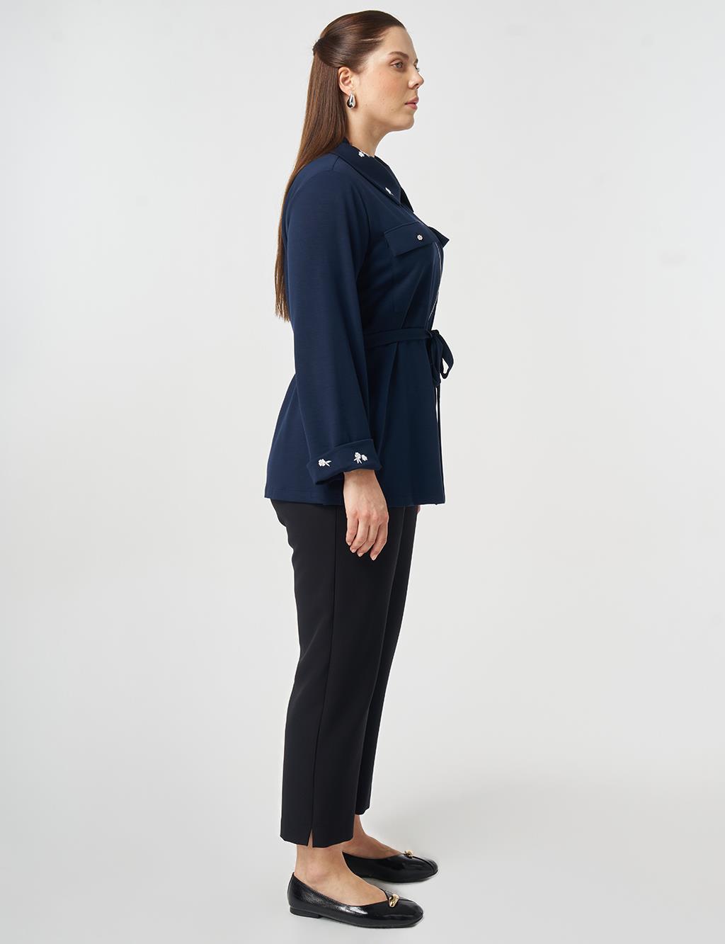 Yakası İşlemeli Modal Sweatshirt Koyu Lacivert