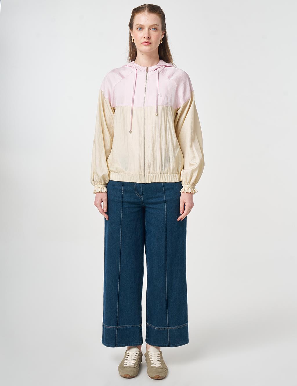 Color Block Hooded Jacket Cream