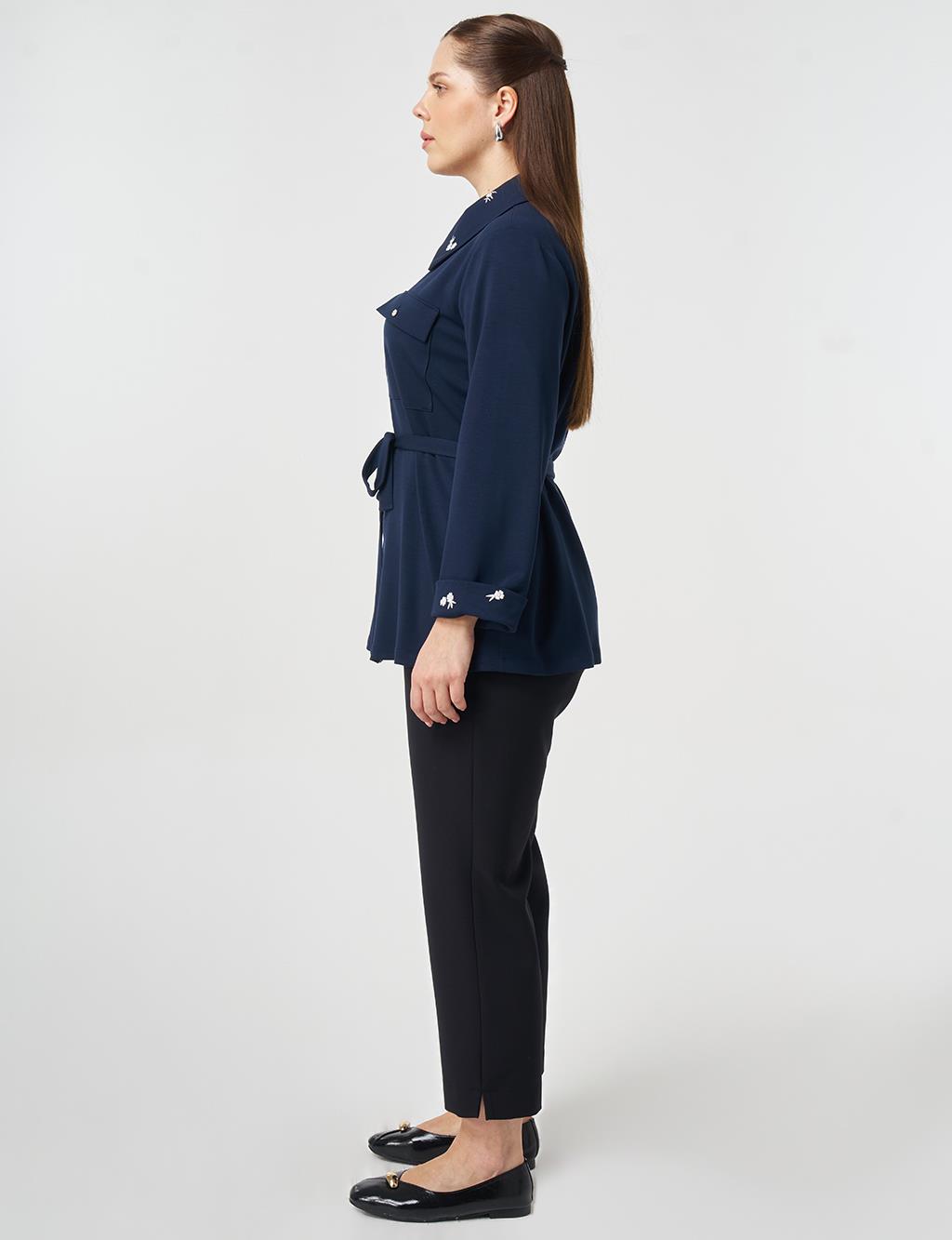 Yakası İşlemeli Modal Sweatshirt Koyu Lacivert