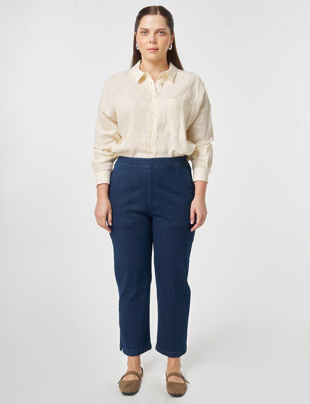 Elastic Waist Washed Denim Pants Indigo