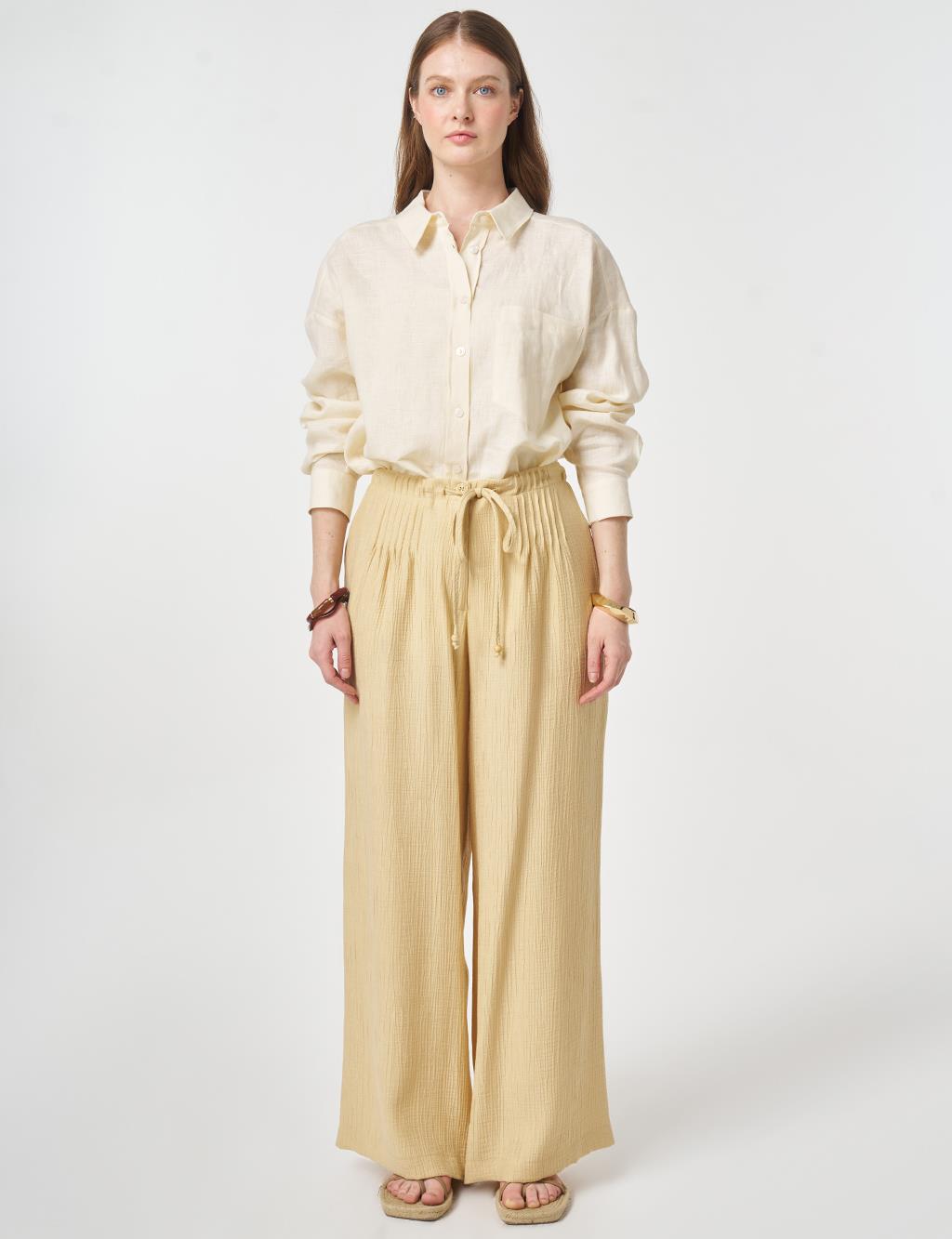 Wide Leg Crinkle Trousers Light Yellow