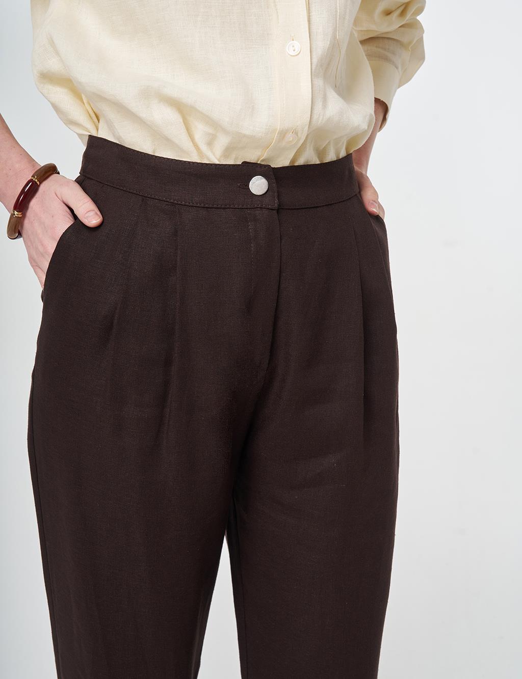 Hem Detail Linen Pants Dark Brown