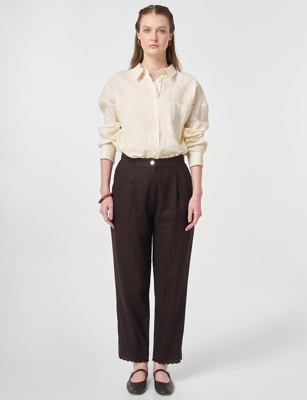 Hem Detail Linen Pants Dark Brown