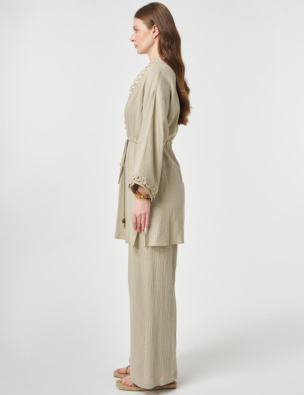 Striped Lace Detail Muslin Two-Piece Set Moss Green