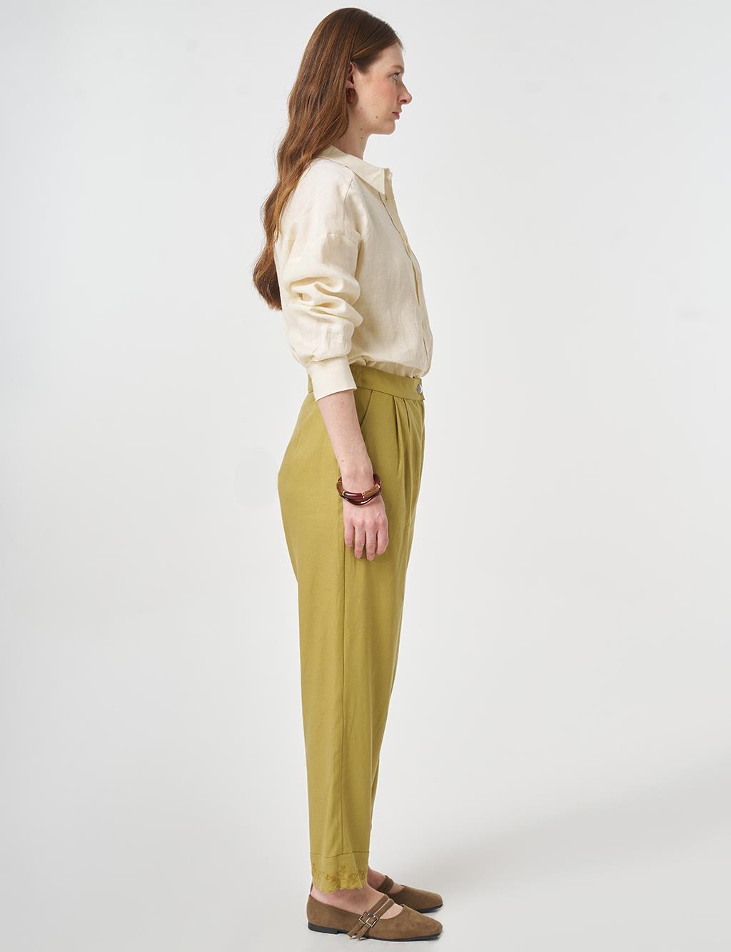 Hem Detail Linen Pants Olive Green