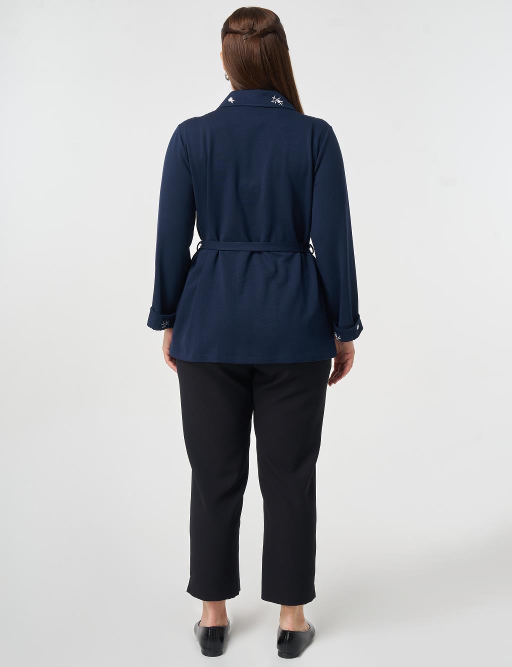 Yakası İşlemeli Modal Sweatshirt Koyu Lacivert