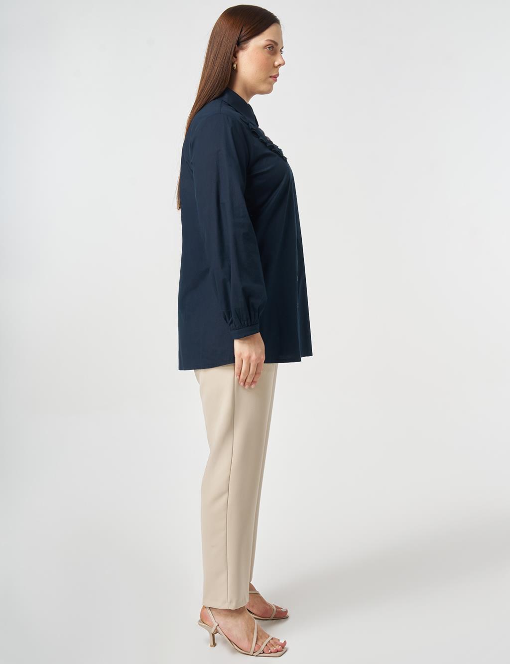 Mesh Trimmed Peter Baby Collar Blouse Dark Navy