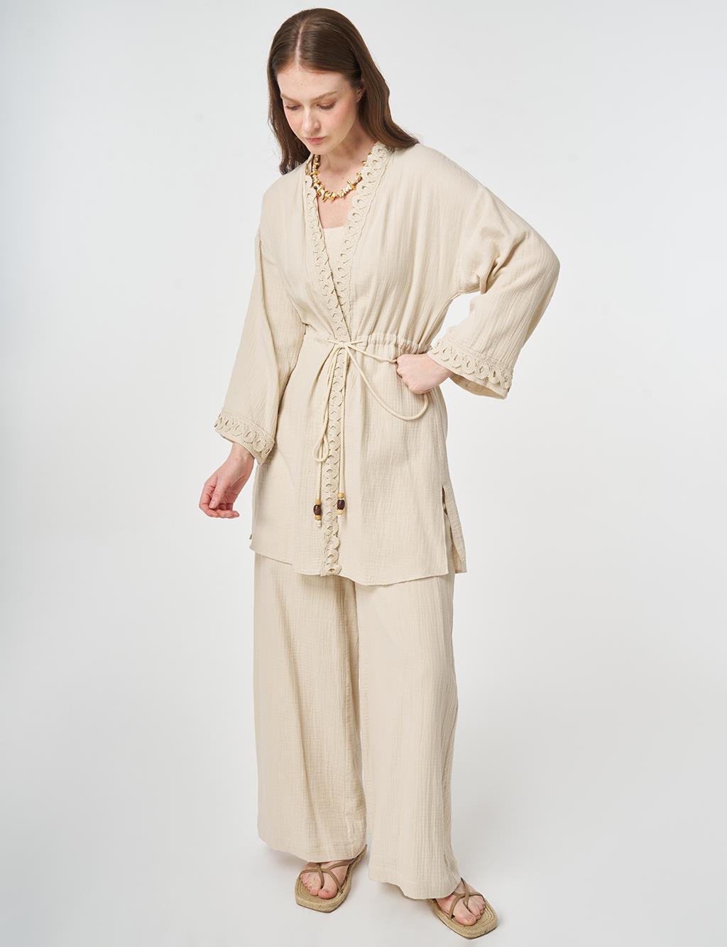 Striped Lace Detail Muslin Two-Piece Set Stone