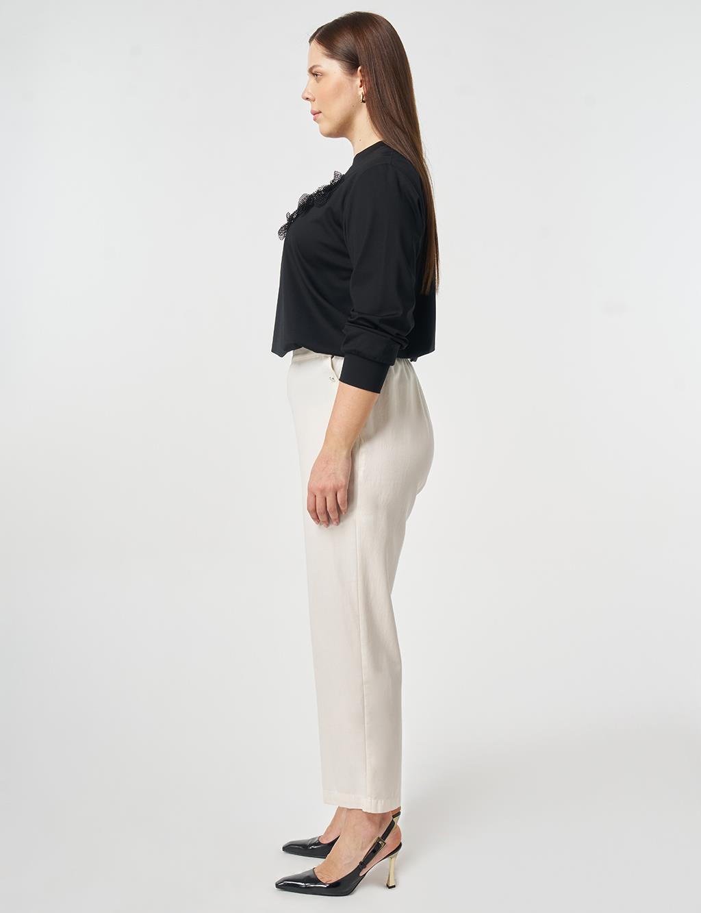 Button Detail Lyocell Cotton Trousers Cream