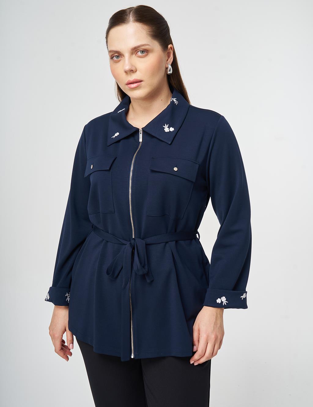 Yakası İşlemeli Modal Sweatshirt Koyu Lacivert