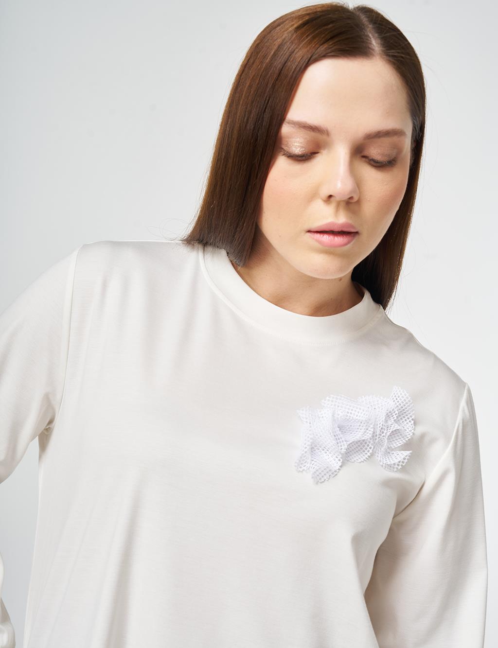 File Garnili Örme Tunik Optik Beyaz