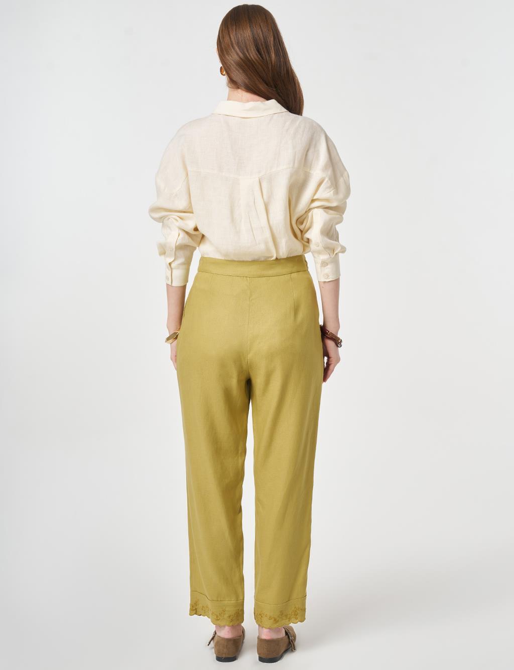 Hem Detail Linen Pants Olive Green