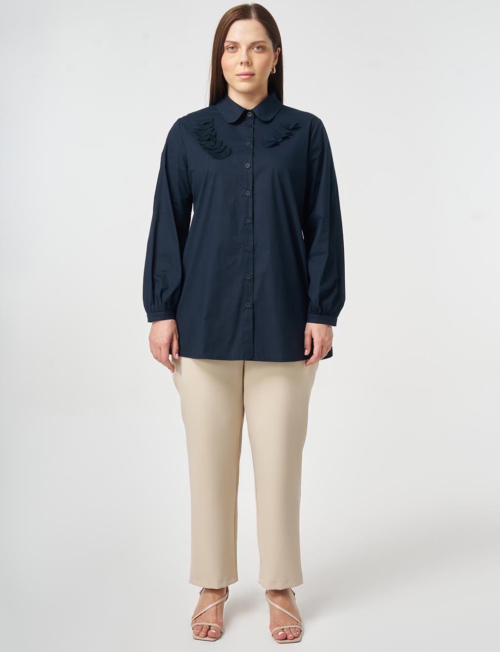 Mesh Trimmed Peter Baby Collar Blouse Dark Navy