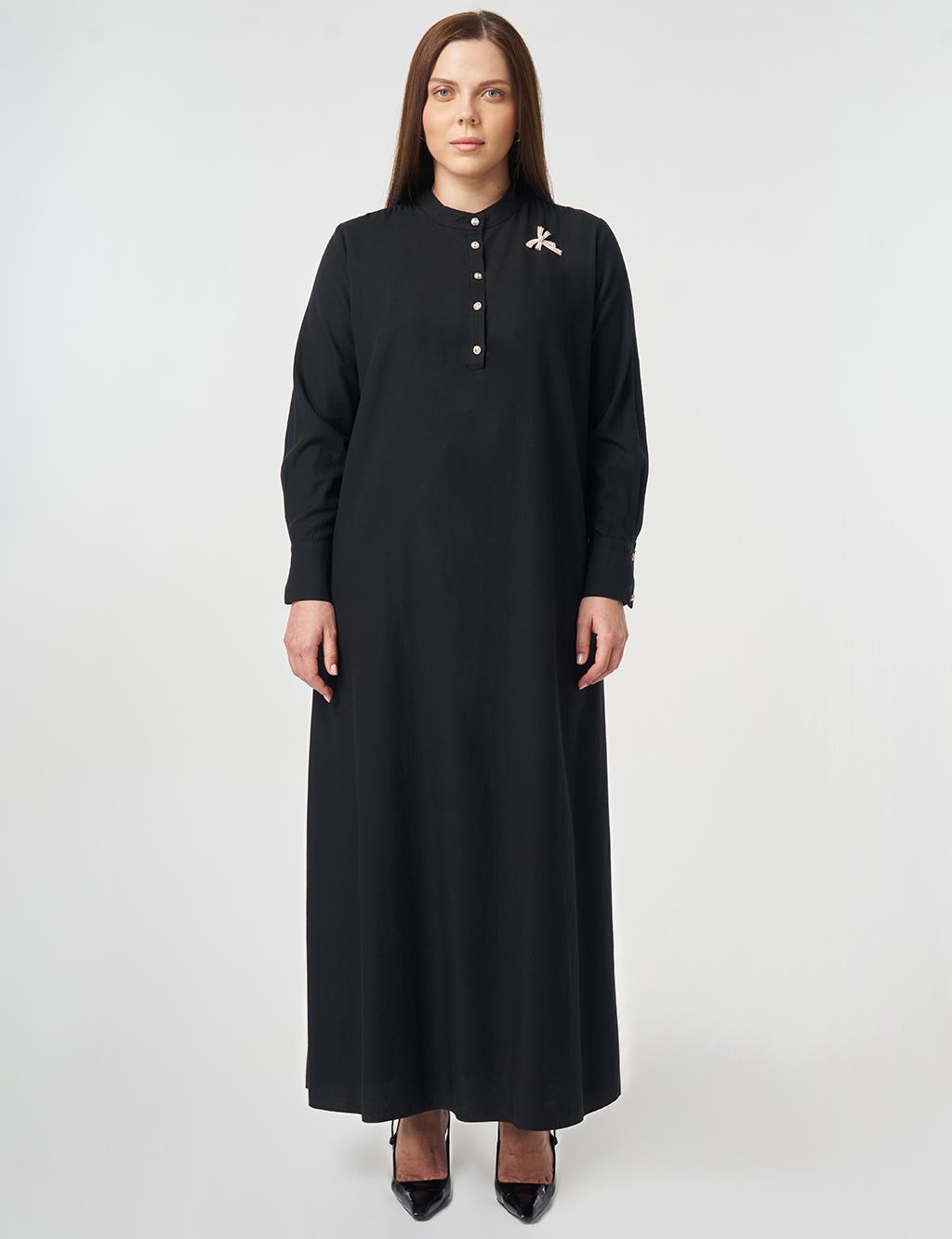 Mandarin Collar Lyocell Cotton Dress Black