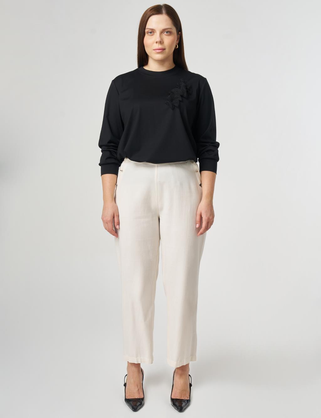 Button Detail Lyocell Cotton Trousers Cream