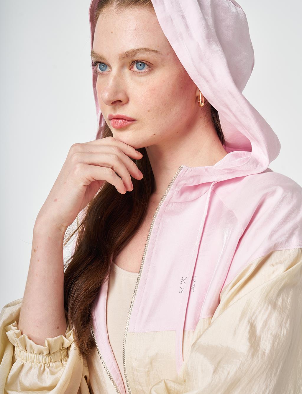 Color Block Hooded Jacket Cream