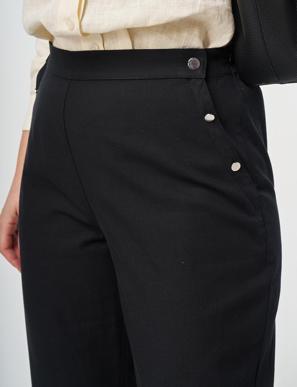 Button Detail Lyocell Cotton Trousers Black