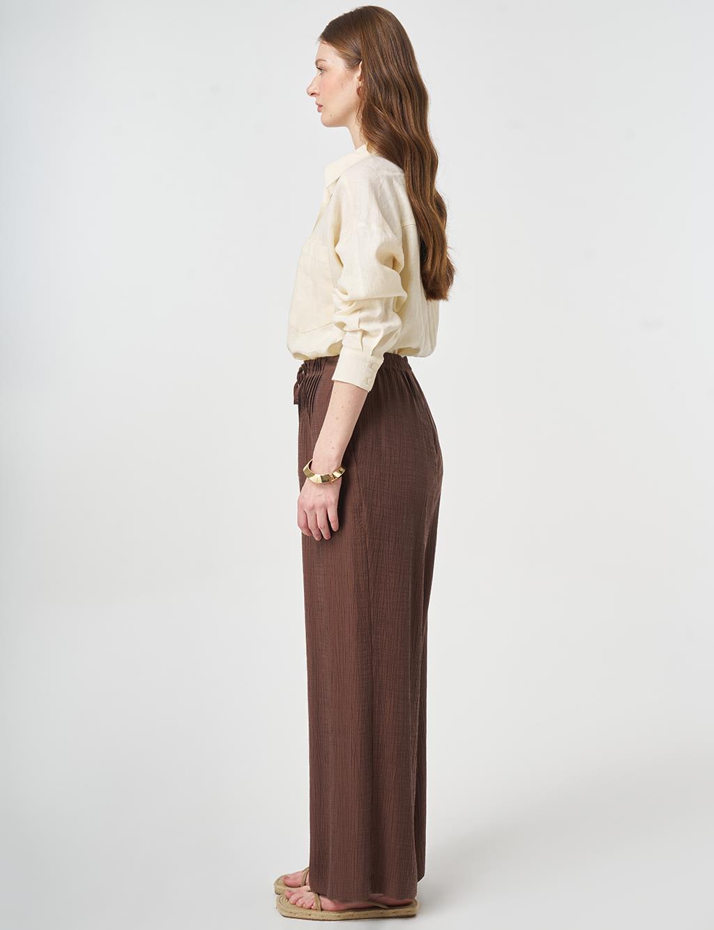 Wide Leg Crinkle Trousers Chocolate