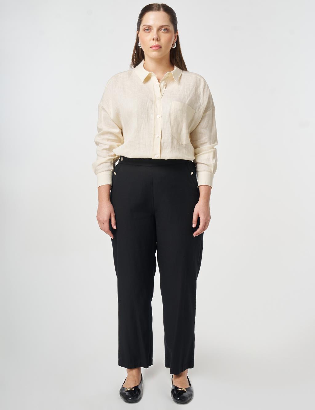 Button Detail Lyocell Cotton Trousers Black