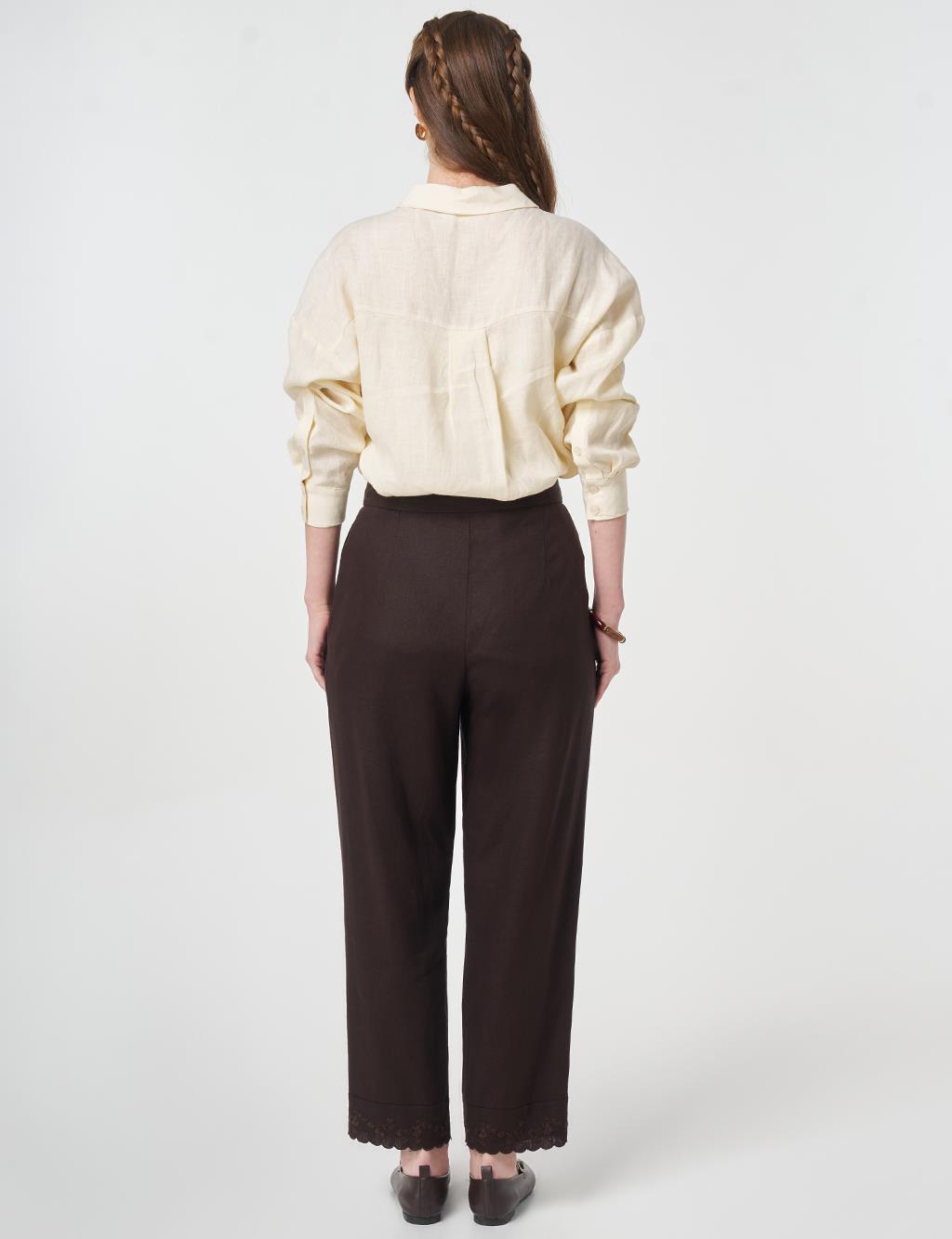 Hem Detail Linen Pants Dark Brown