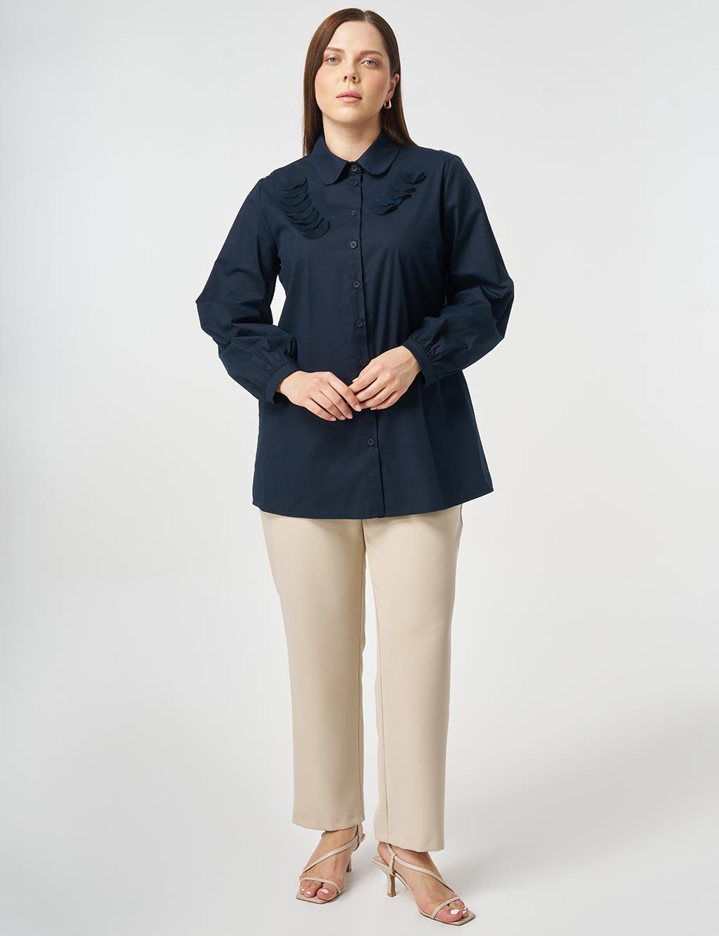 Mesh Trimmed Peter Baby Collar Blouse Dark Navy