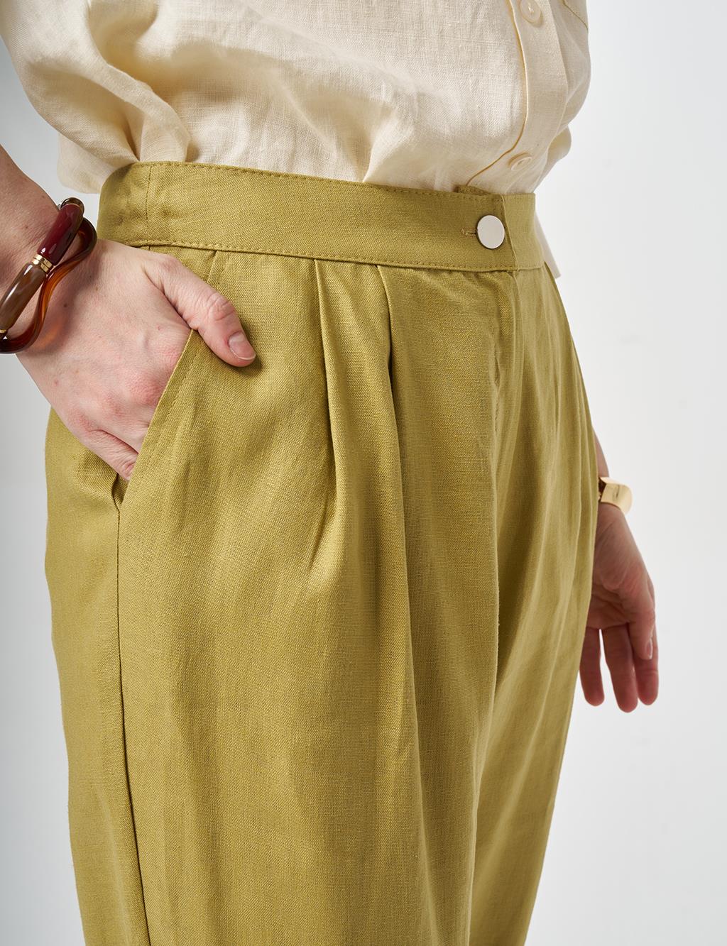 Hem Detail Linen Pants Olive Green