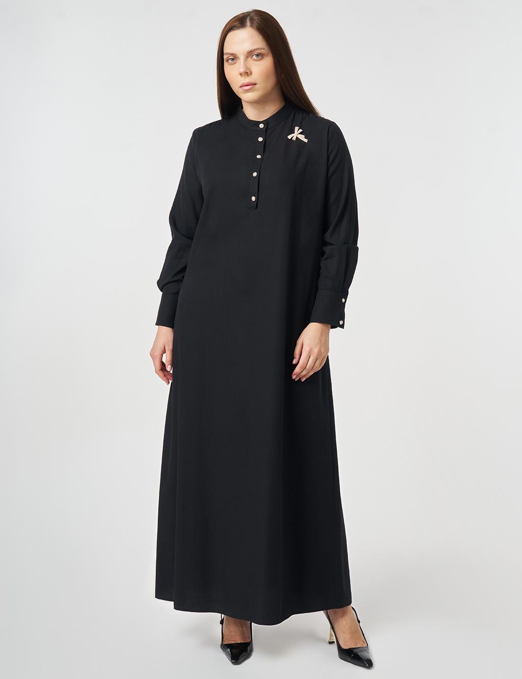 Mandarin Collar Lyocell Cotton Dress Black