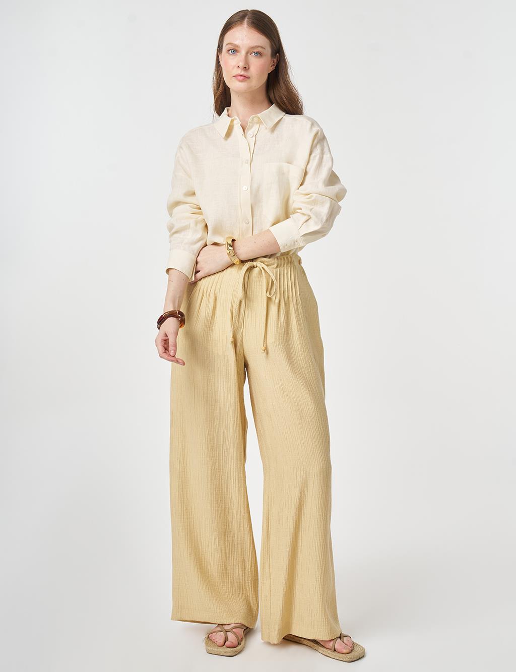 Wide Leg Crinkle Trousers Light Yellow