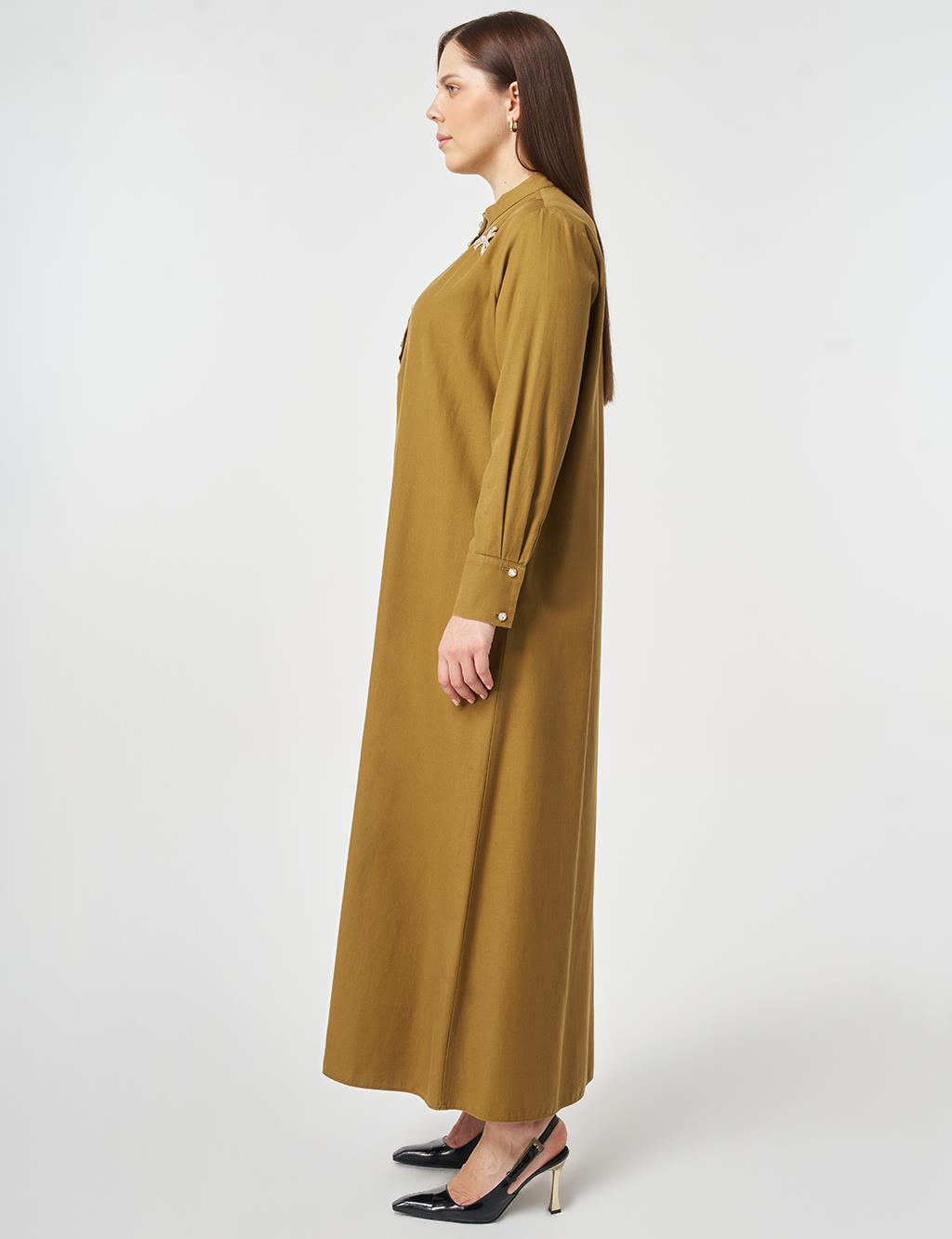 Mandarin Collar Lyocell Cotton Dress Dark Olive