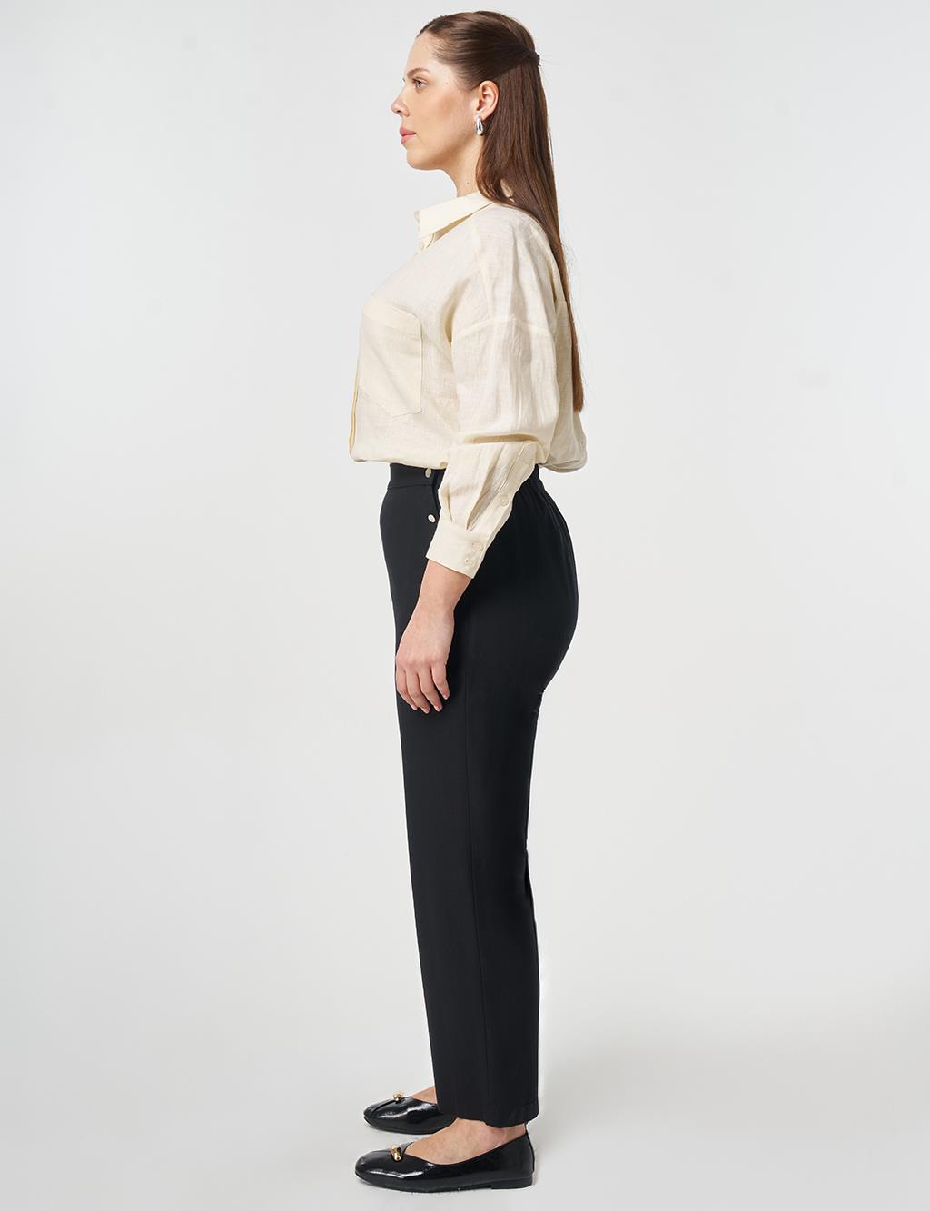 Button Detail Lyocell Cotton Trousers Black