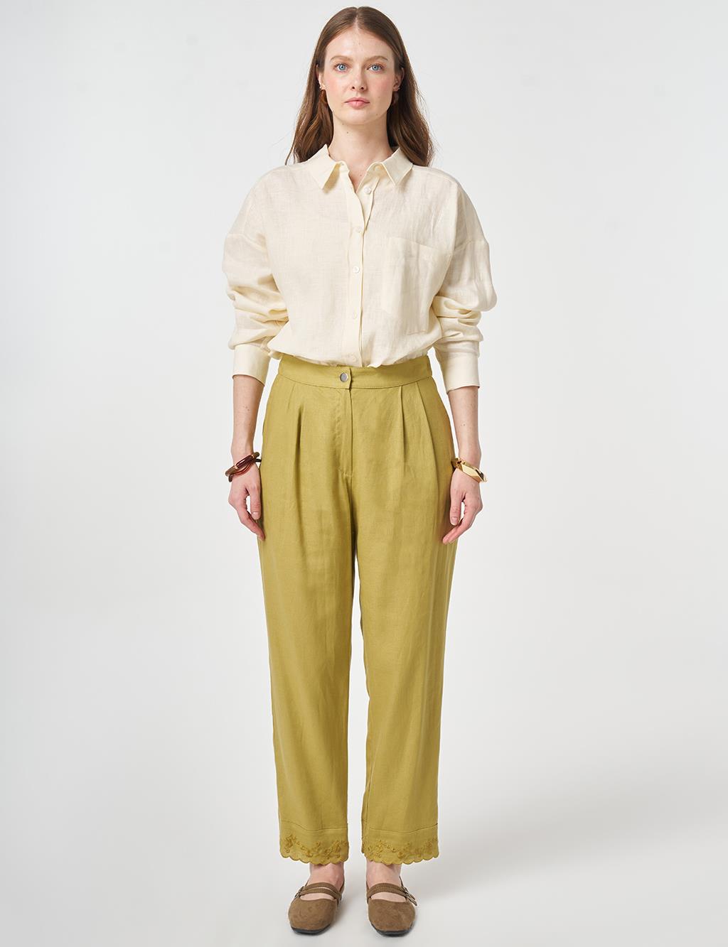 Hem Detail Linen Pants Olive Green