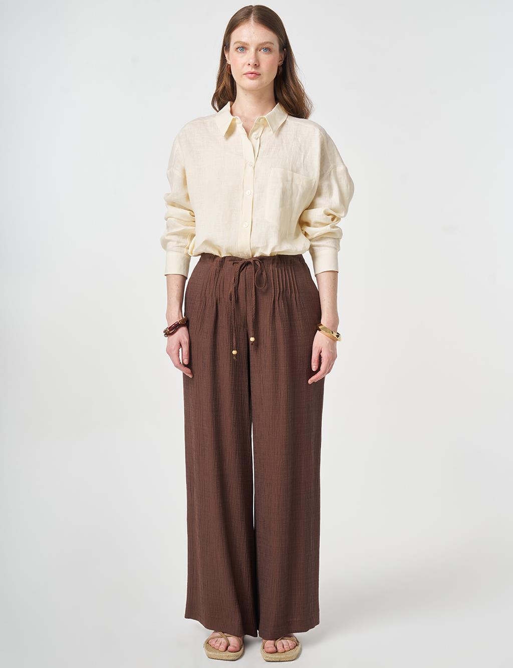 Wide Leg Crinkle Trousers Chocolate