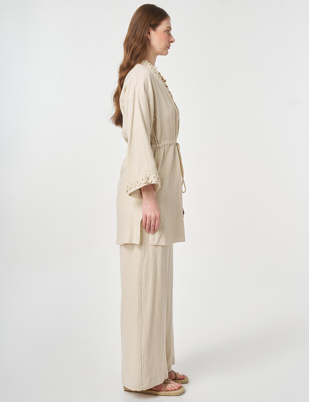 Striped Lace Detail Muslin Two-Piece Set Stone