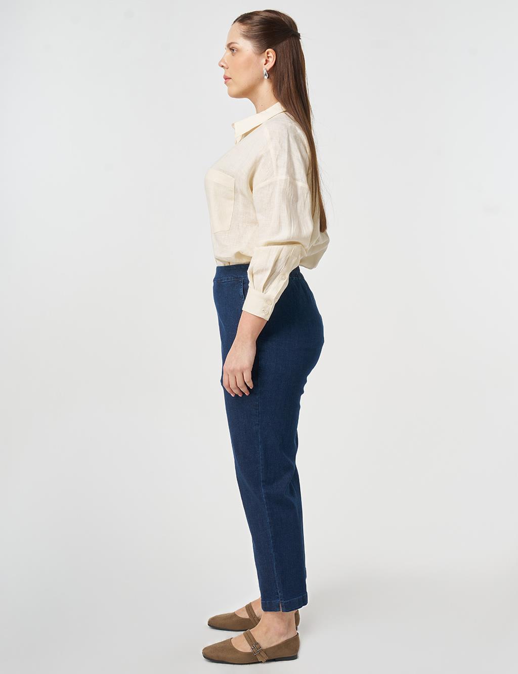 Elastic Waist Washed Denim Pants Indigo