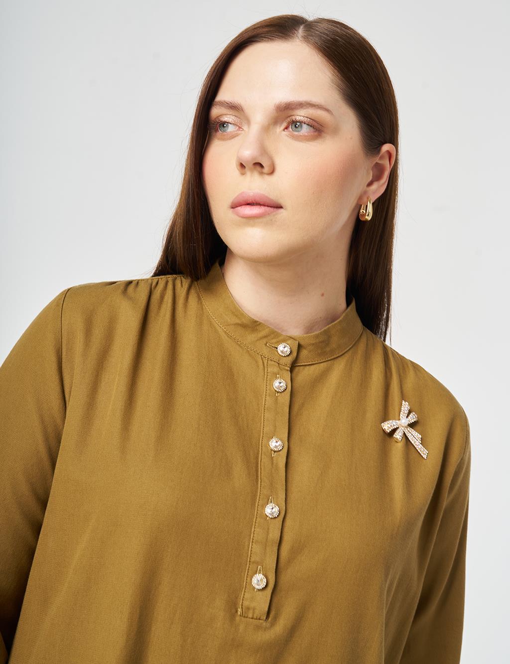 Mandarin Collar Lyocell Cotton Dress Dark Olive