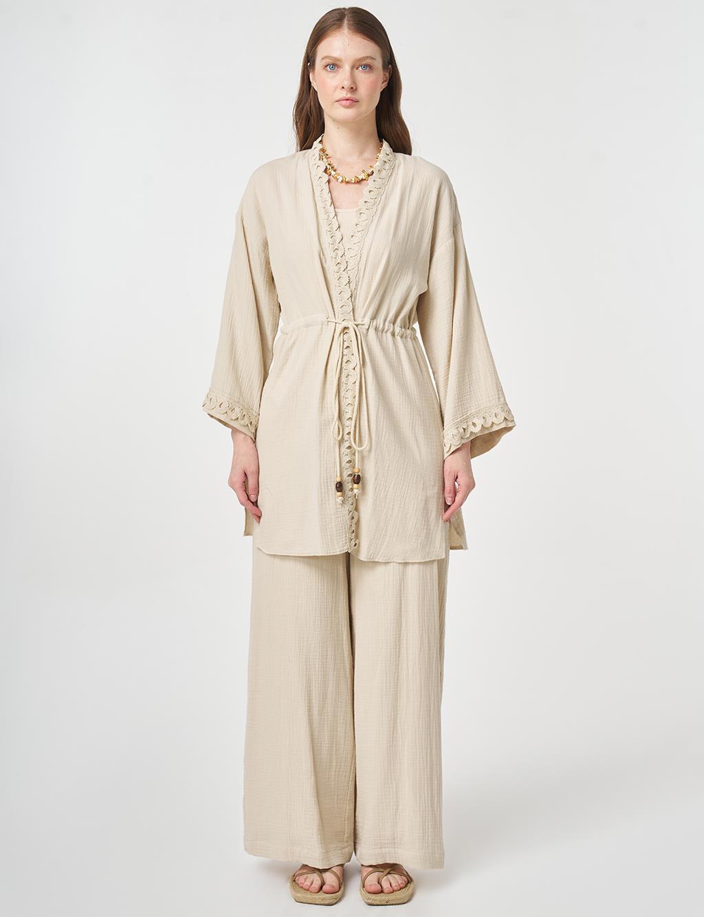 Striped Lace Detail Muslin Two-Piece Set Stone