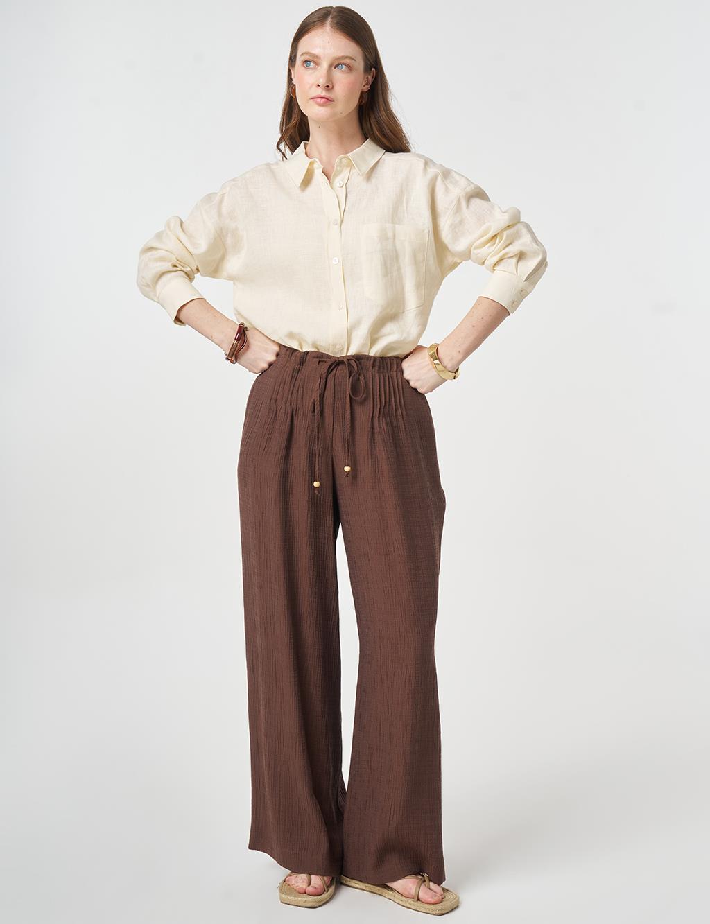 Wide Leg Crinkle Trousers Chocolate