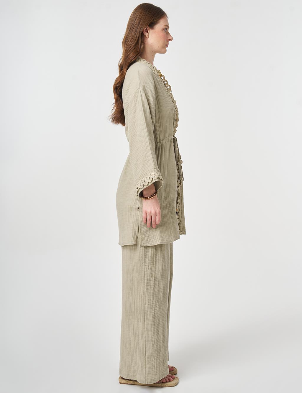 Striped Lace Detail Muslin Two-Piece Set Moss Green