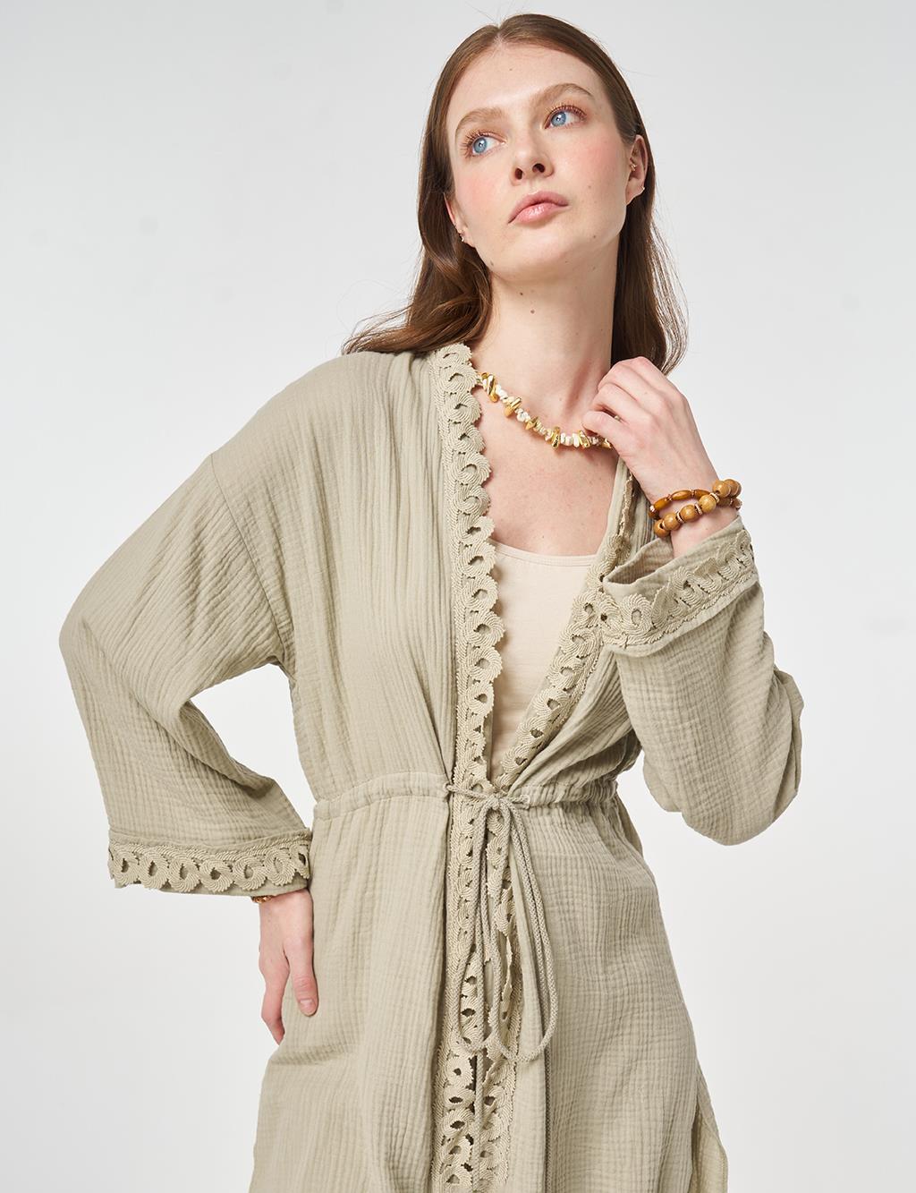 Striped Lace Detail Muslin Two-Piece Set Moss Green