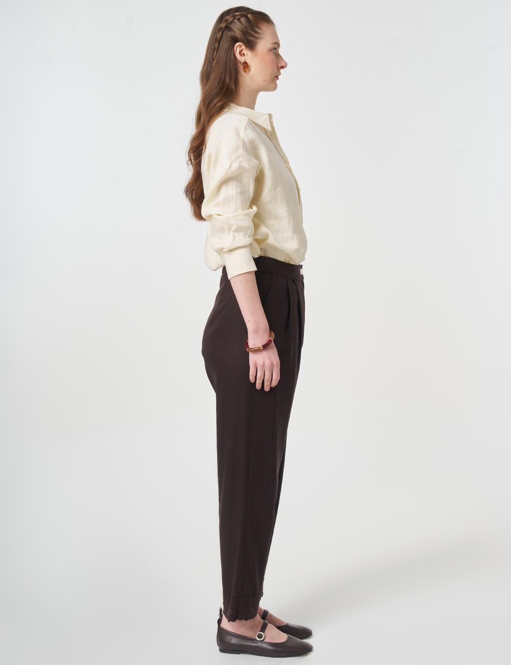 Hem Detail Linen Pants Dark Brown