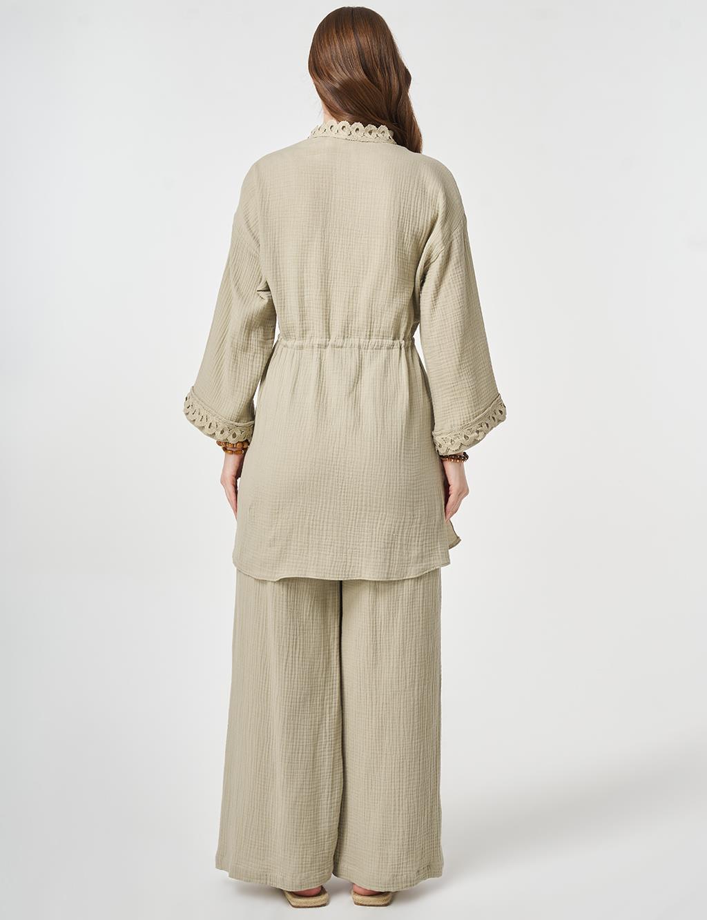 Striped Lace Detail Muslin Two-Piece Set Moss Green