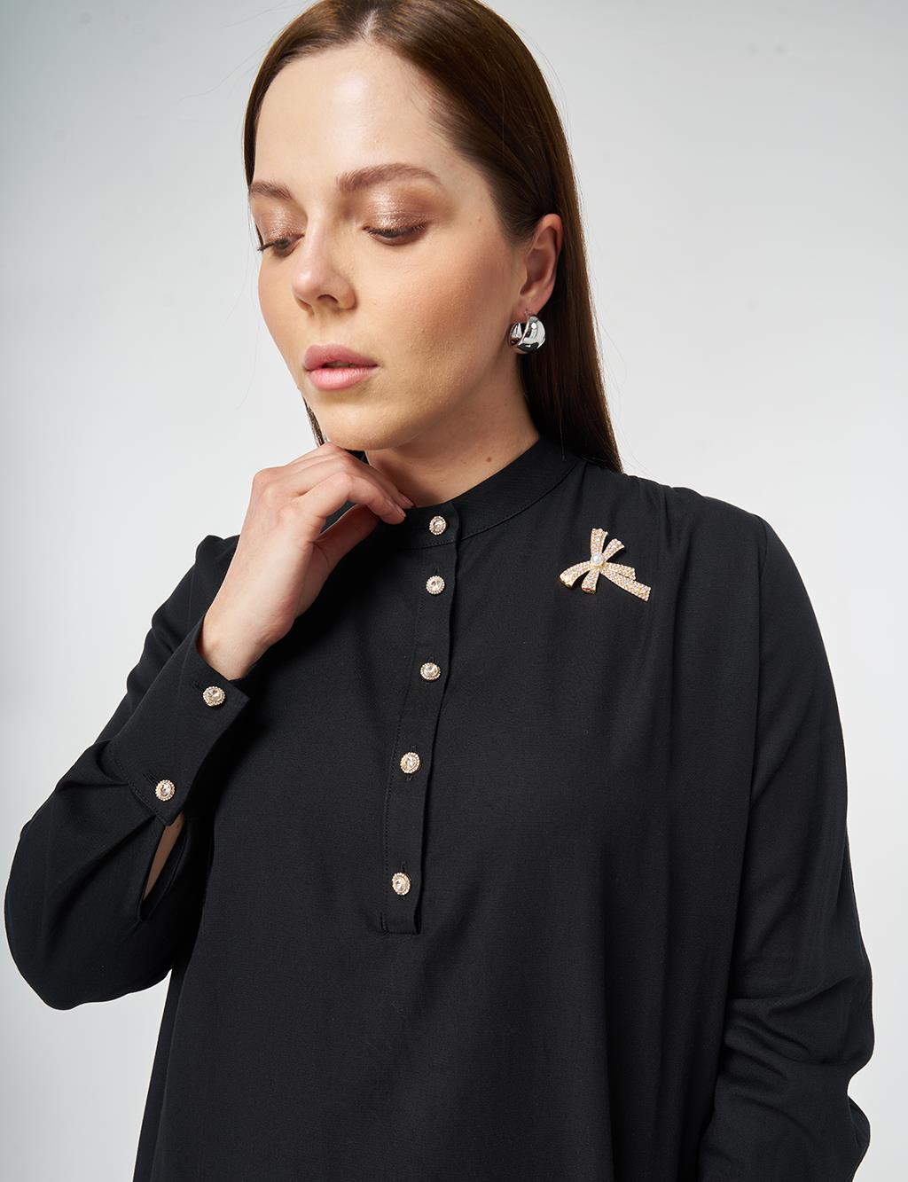 Mandarin Collar Lyocell Cotton Dress Black