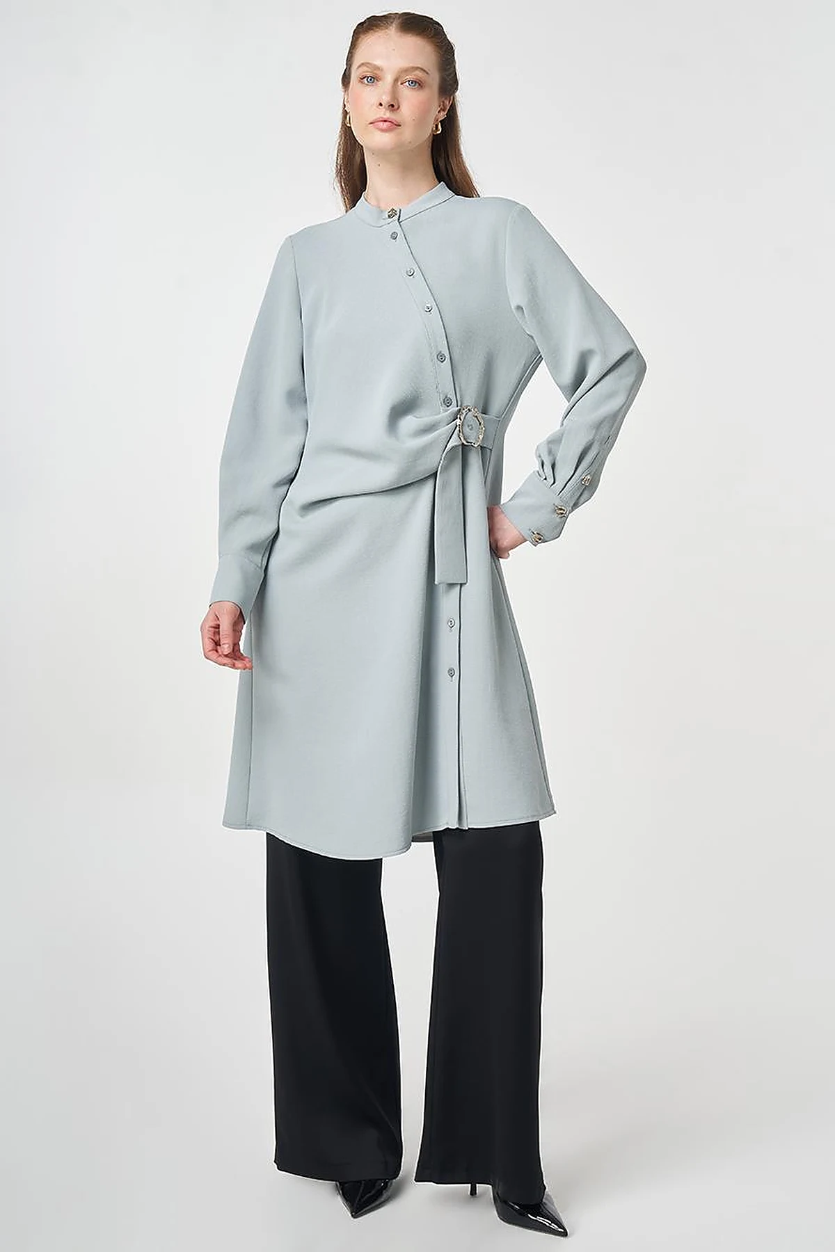 Cross-Buttoned Long Tunic Gray